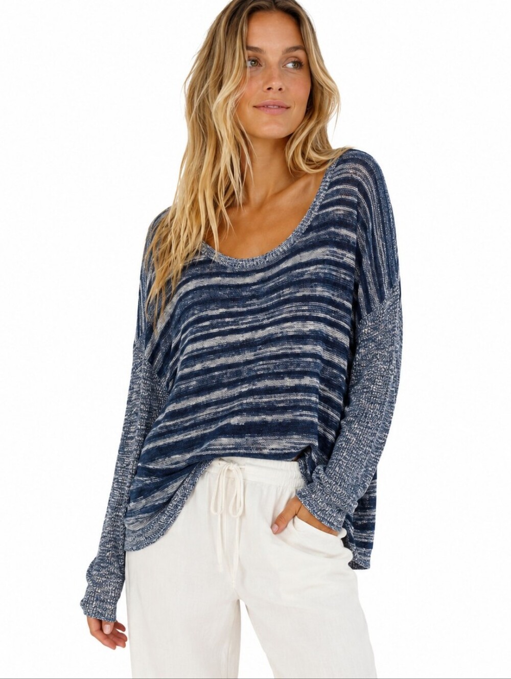 Eileen Fisher Organic Linen Cotton Slub Knit Sweater M Blue Stripe Scoop Coastal